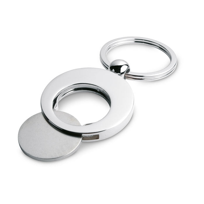 Breloc de metal in forma rotunda cu jeton carucior