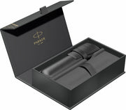 Set stilou personalizat Parker Vector + pix personalizat Parker Jotter si etui negru piele naturala